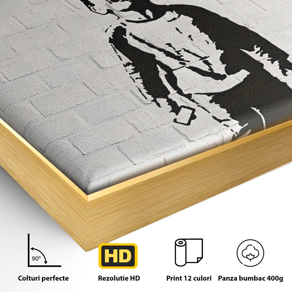 Detaliu al suprafetei: tablou canvas cu copil strigand si notificari, in rama de aluminiu auriu